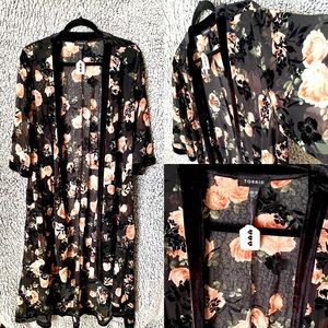 Black Chiffon Flocked Floral Longline Kimono